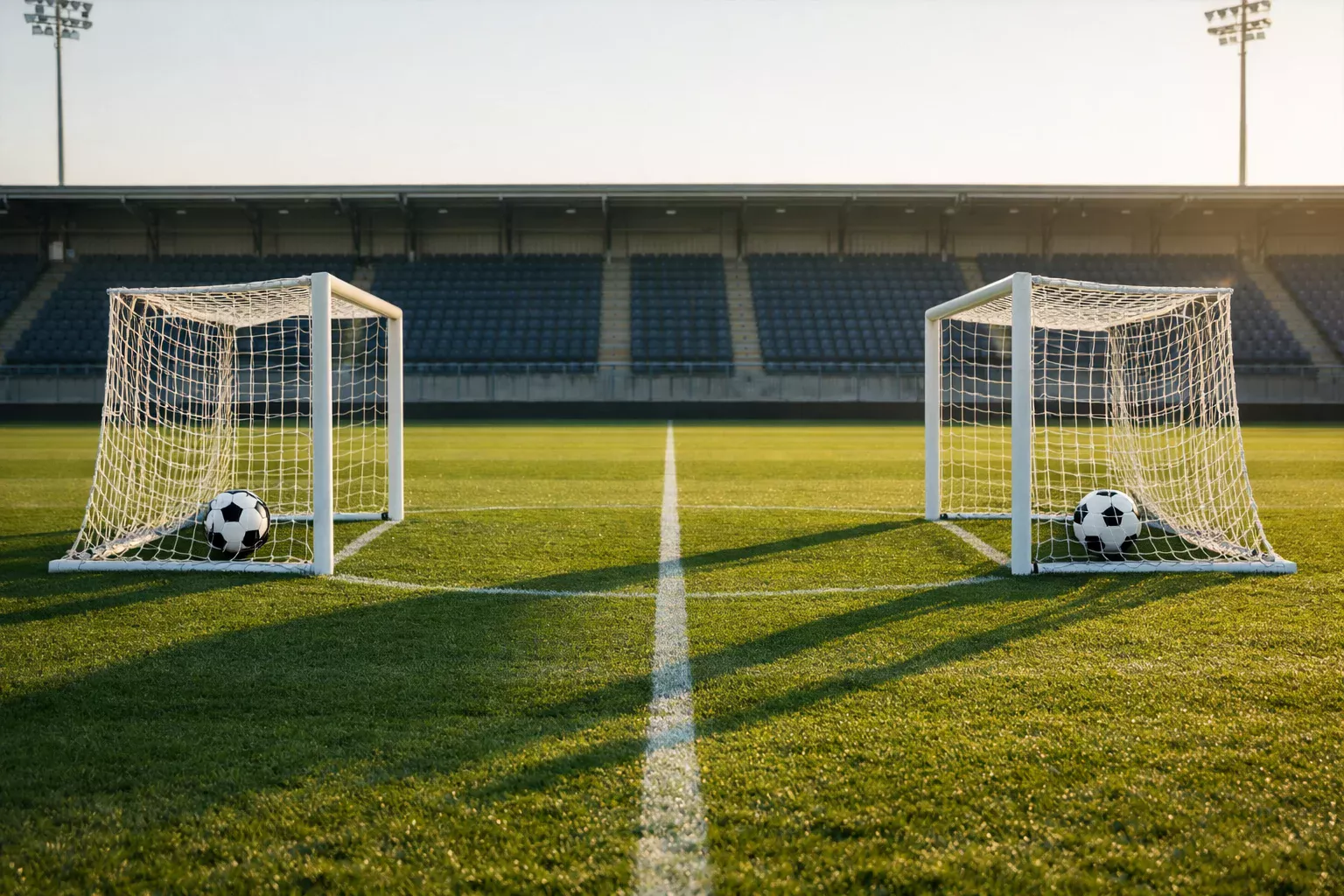 Duas balizas de futebol frente a frente com bolas na rede simbolizando ambas as equipas a marcar