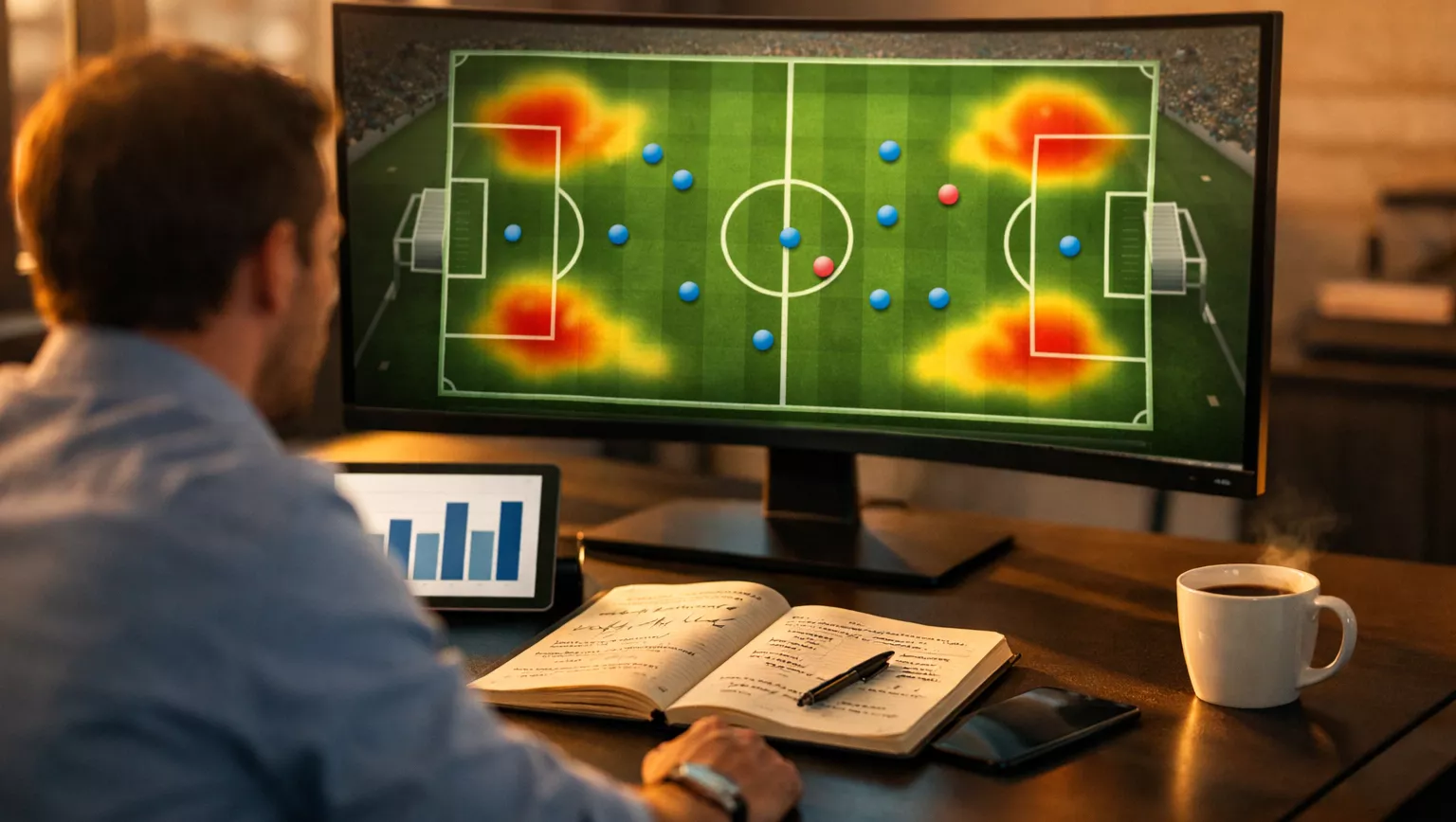 Analista desportivo profissional a trabalhar com dados de futebol num ambiente moderno