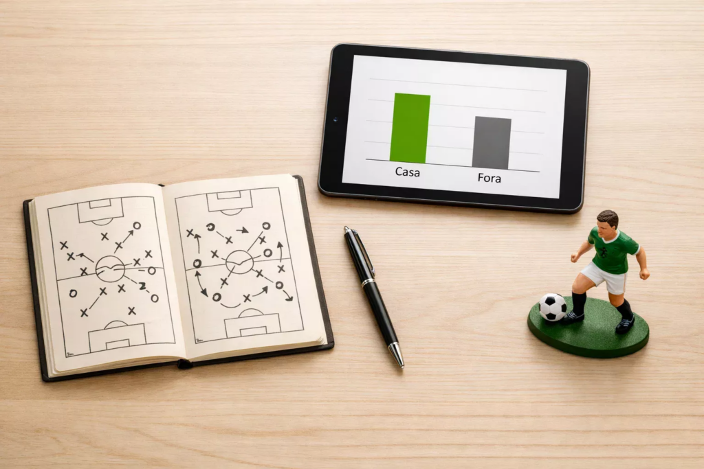 Mesa de trabalho com caderno de análise tática de futebol e tablet com gráficos estatísticos