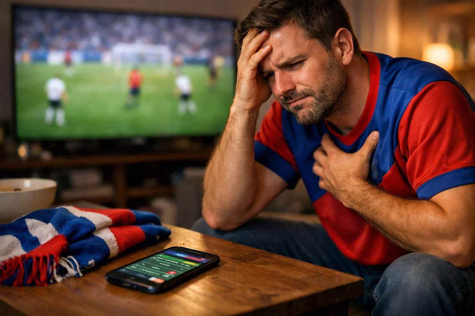 Adepto de futebol dividido entre emocao e decisao racional enquanto ve um jogo