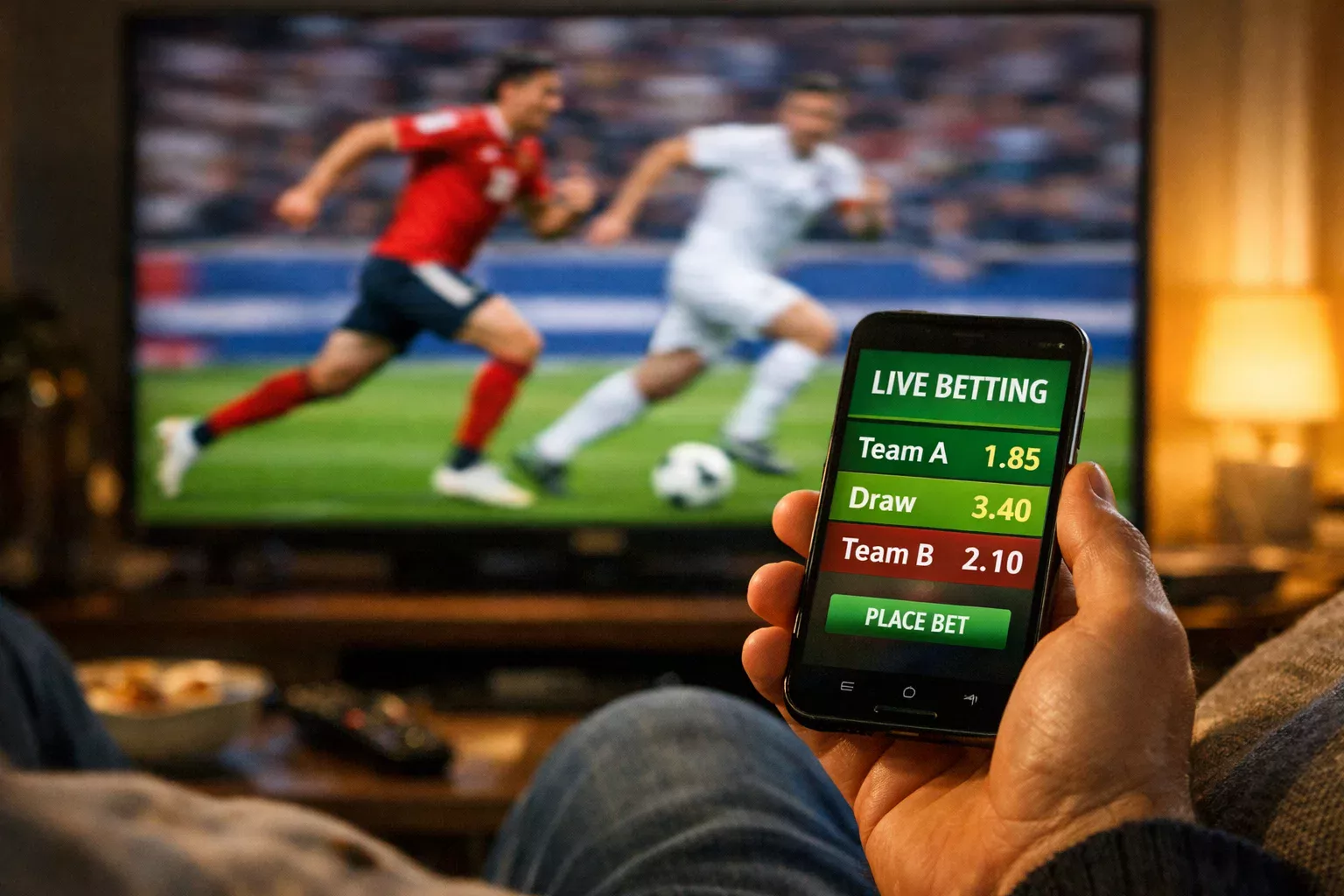 Pessoa a ver jogo de futebol na televisao enquanto consulta odds ao vivo no telemovel