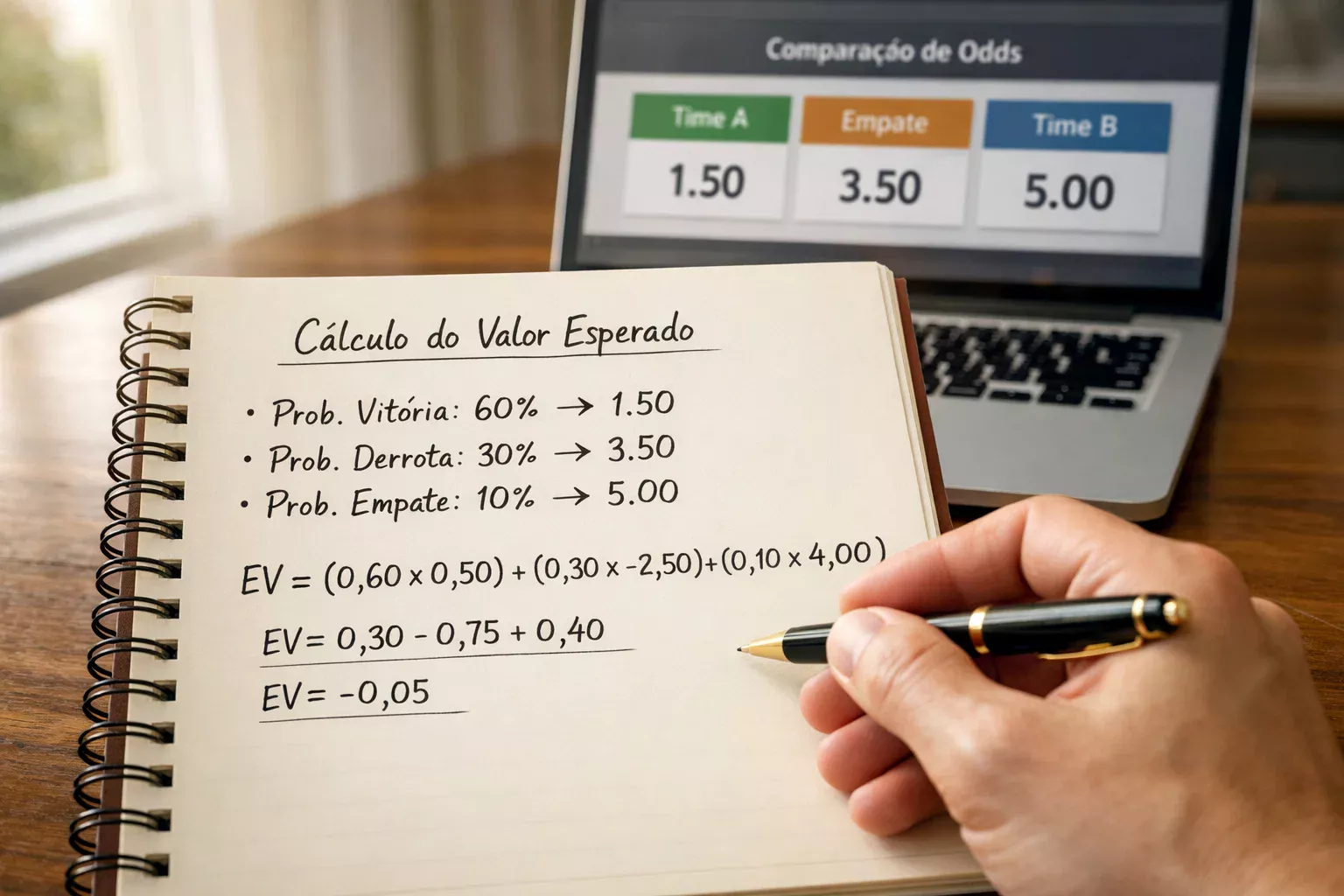 Mao a escrever calculos de probabilidades e valor esperado num caderno