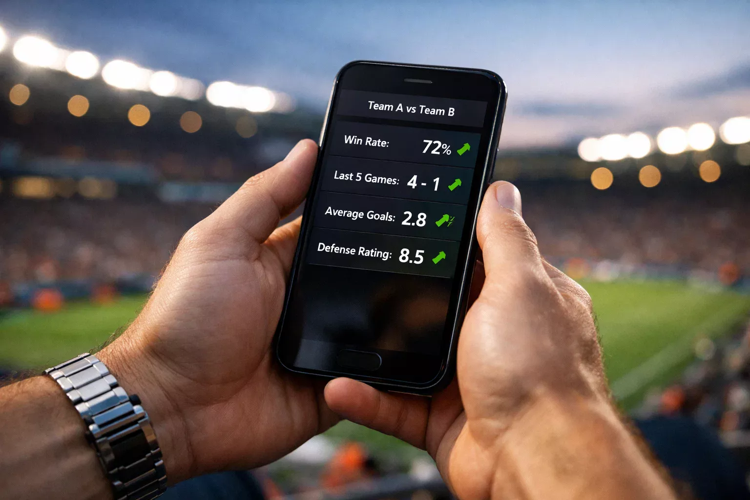 Pessoa a consultar estatisticas desportivas no telemovel com estadio de futebol ao fundo
