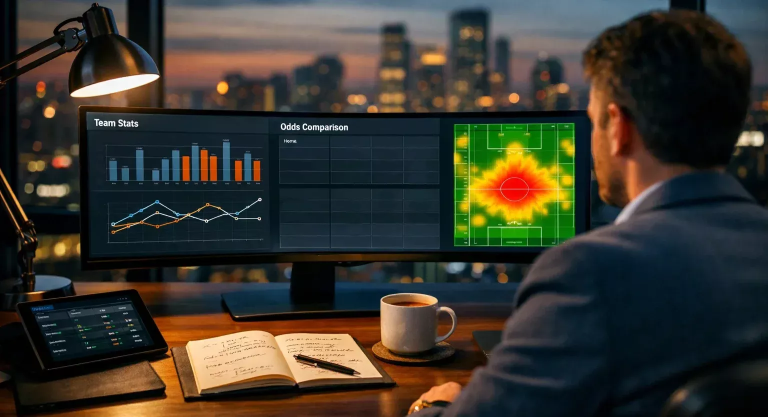 Ambiente profissional de analise desportiva com monitor curvo e dados estatisticos