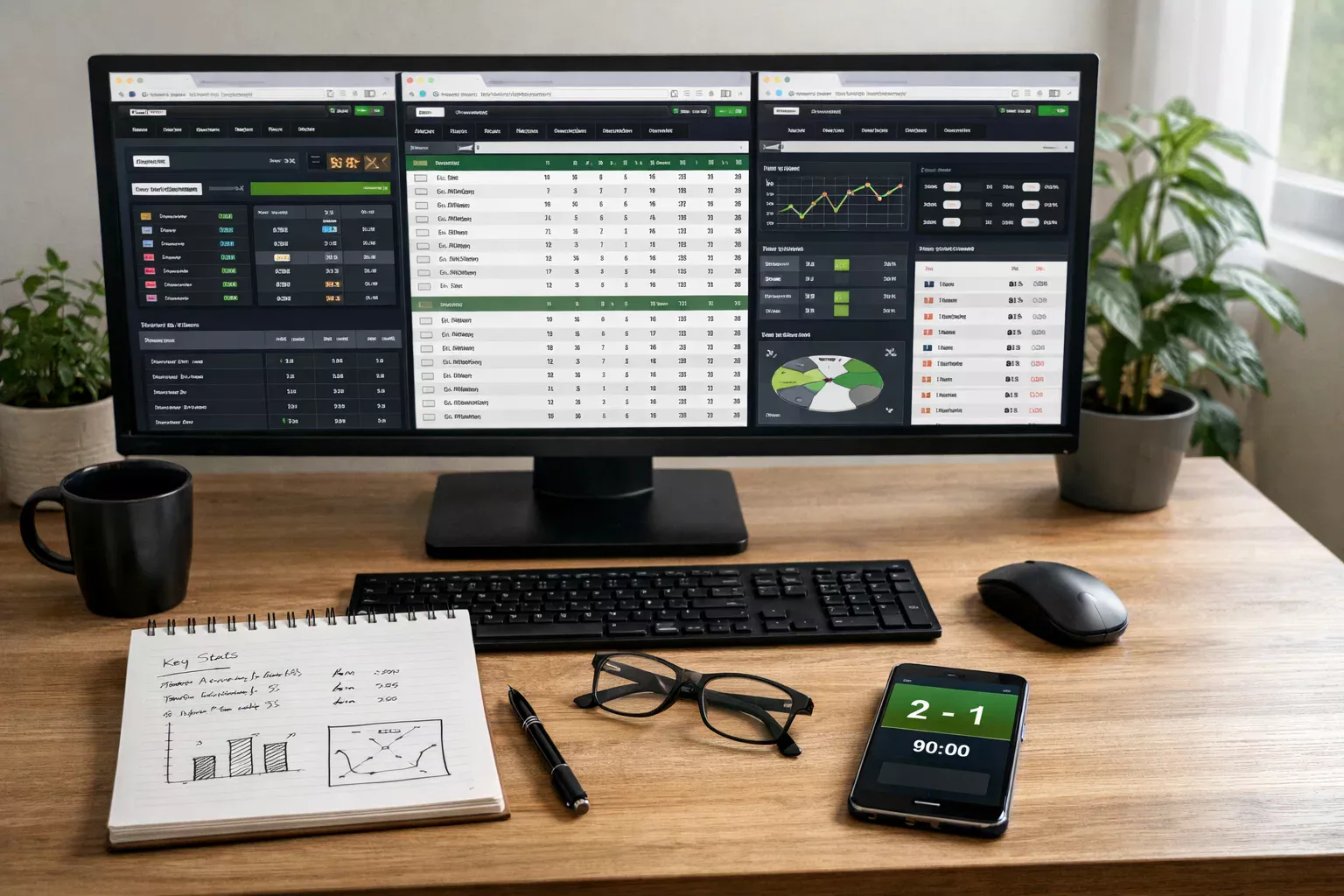 Ambiente de trabalho com monitor a mostrar sites de estatisticas desportivas e bloco de notas