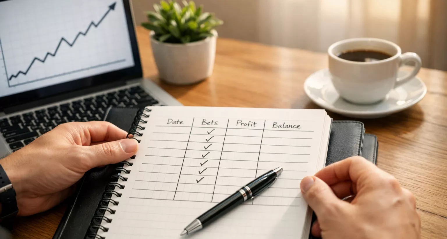 Ambiente de trabalho organizado com planeamento e grafico de progresso representando gestao de banca