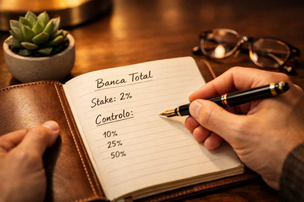 Mãos a escrever num diário de controlo financeiro com anotações de banca e percentagens
