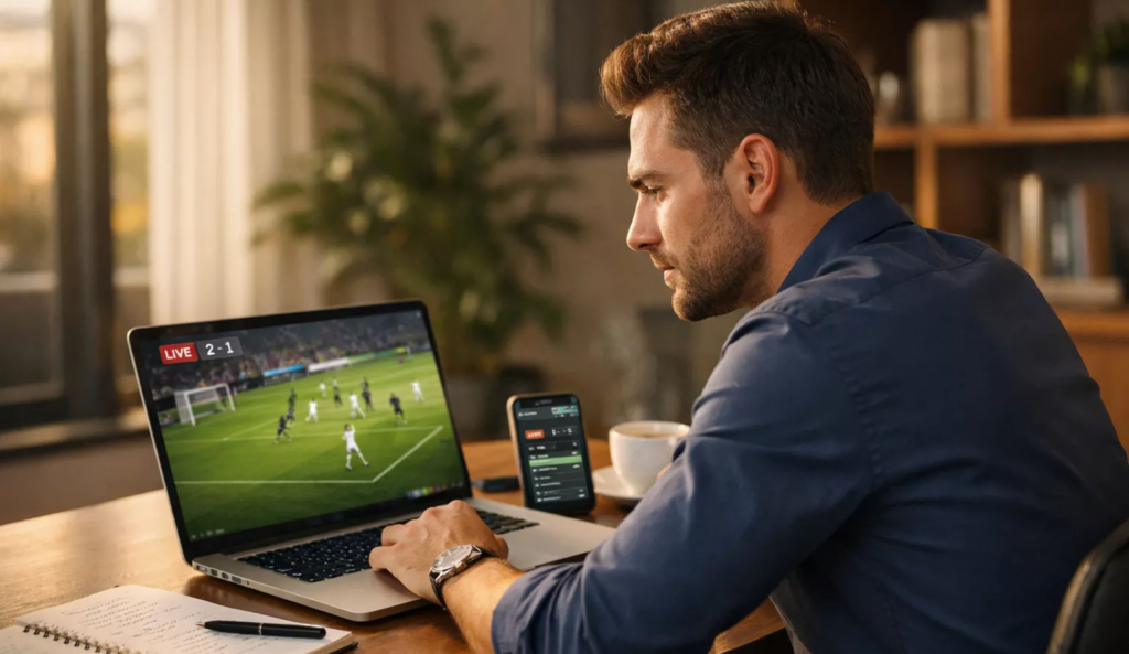 Profissional a analisar apostas desportivas num escritório moderno com computador portátil