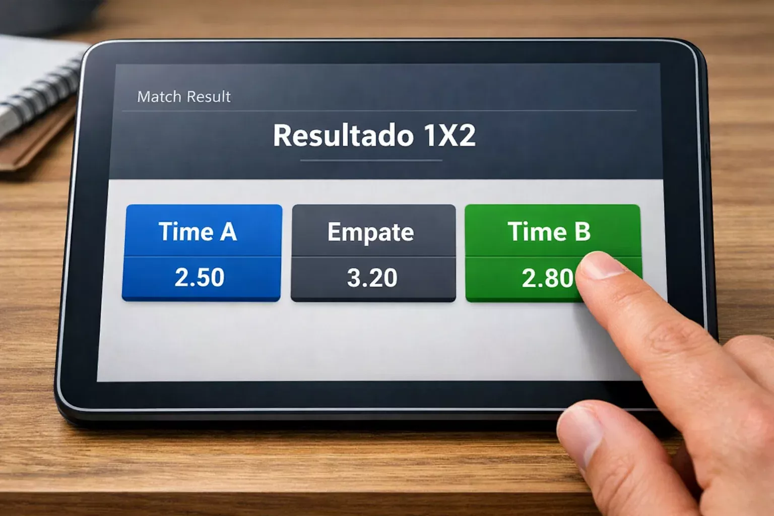 Ecra de tablet a mostrar mercado de apostas 1X2 com tres opcoes de resultado