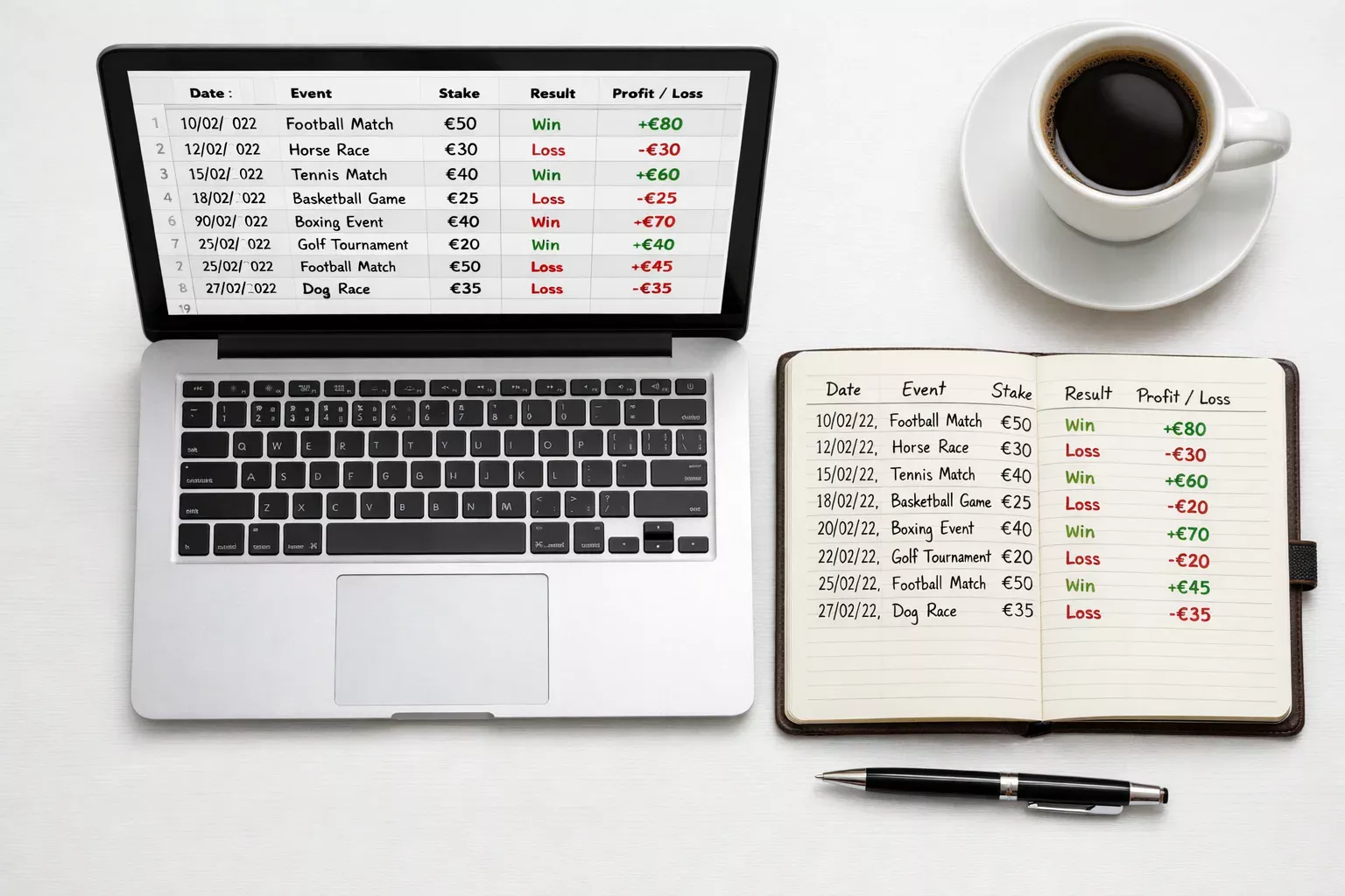 Vista de cima de portatil com folha de calculo de registo de apostas e caderno ao lado