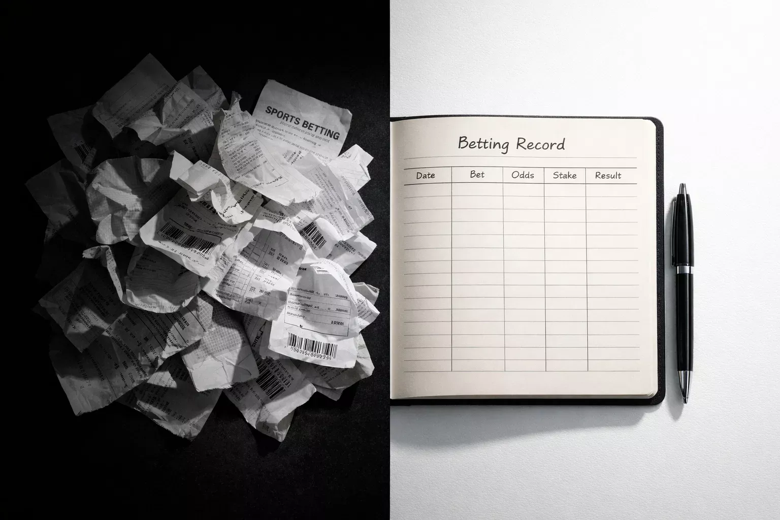 Contraste entre recibos desorganizados e um caderno com registos de apostas organizados