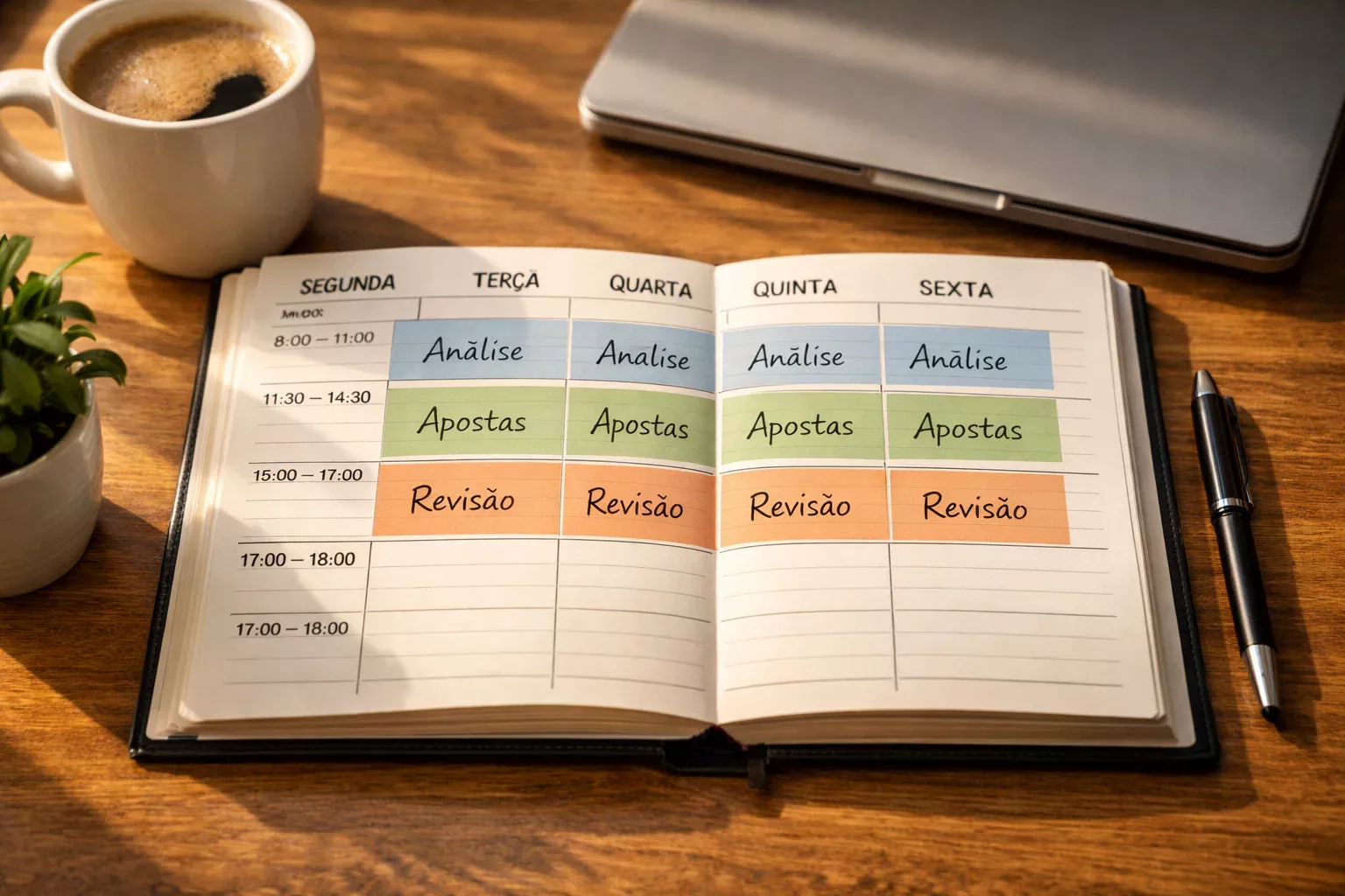 Agenda semanal organizada com blocos de tempo dedicados a analise e revisao de apostas