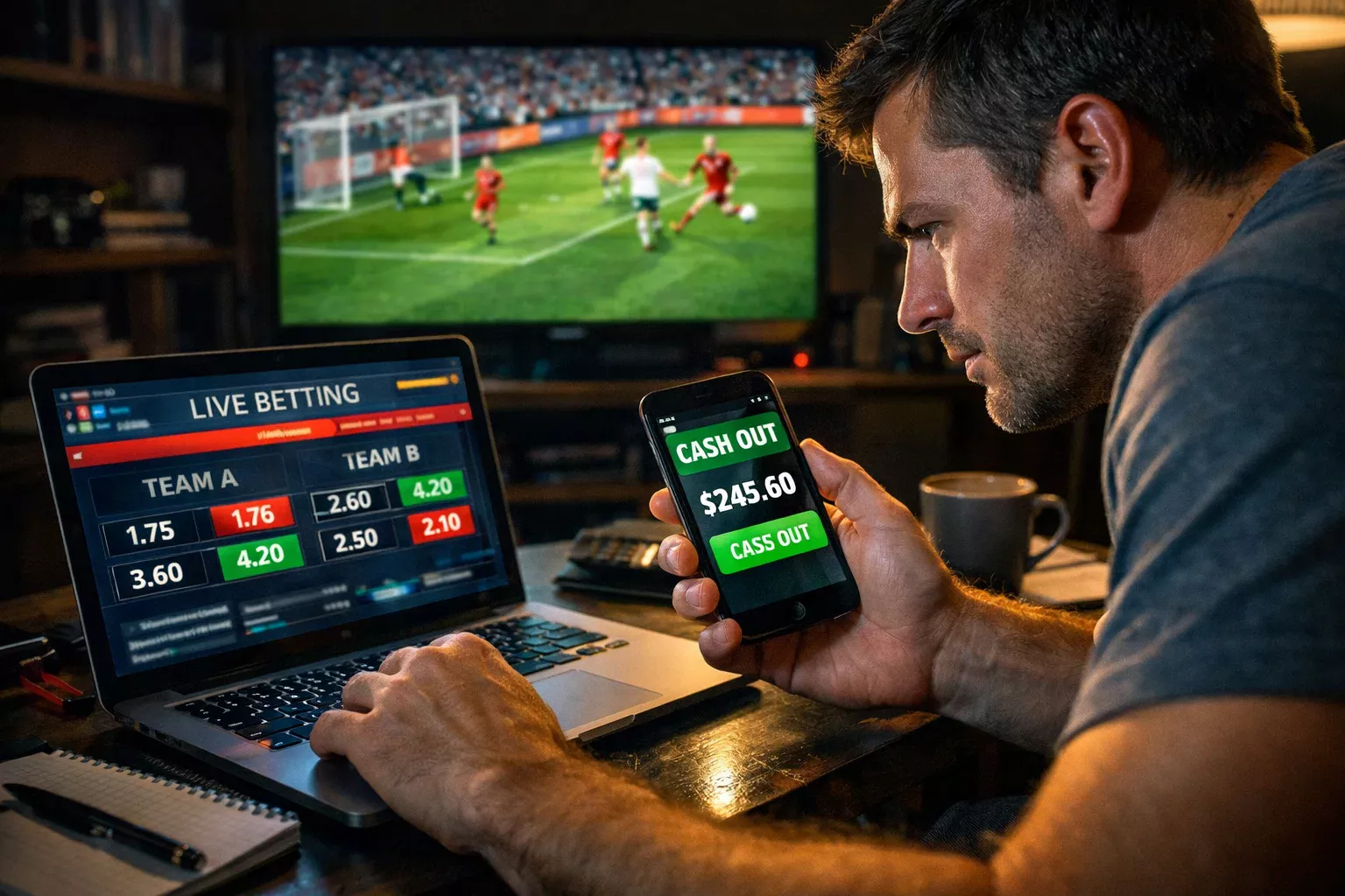 Pessoa a fazer trading em tempo real com multiplos dispositivos durante um jogo ao vivo