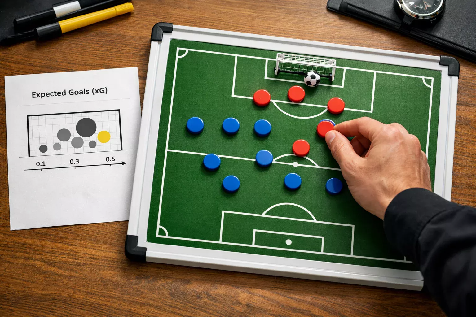 Quadro tatico de futebol com pecas magneticas e visualizacao de golos esperados